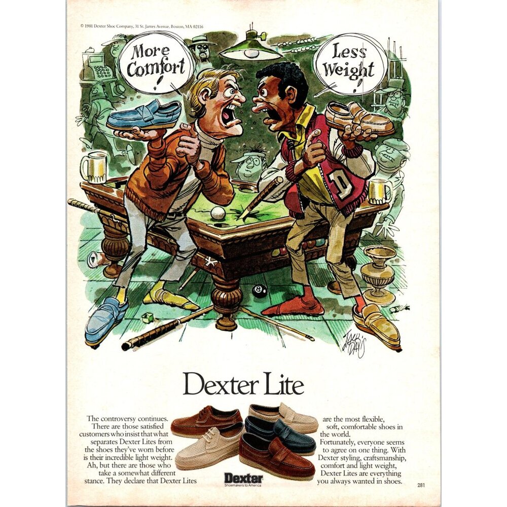 1981 Dexter Lites Loafers Shoes Vintage Print Ad Pool Table Hall Beer Wall Art
